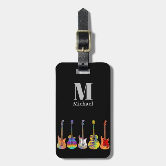 Funky Gitarrenmuster auf schwarz Monogram Gepäckanhänger (Vorderseite vertikal)