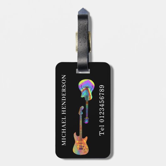 Funky Gitarrenmuster auf schwarz Monogram Gepäckanhänger (Rückseite vertikal)