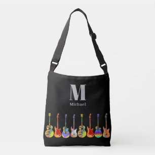 Funky Gitarrenmuster auf schwarz Monogram Tragetaschen Mit Langen Trägern