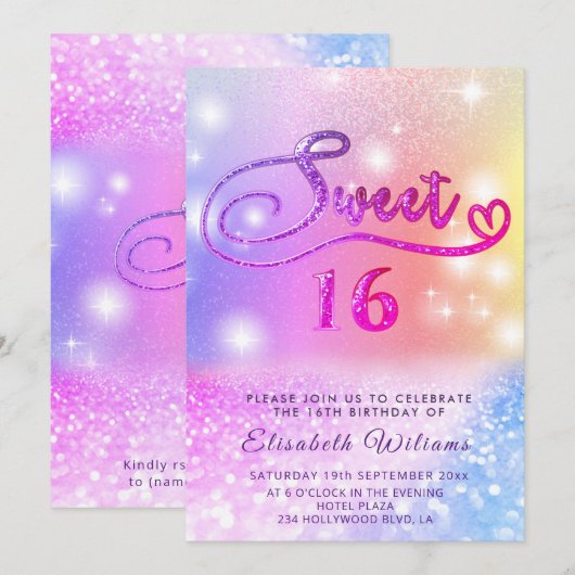 Funky Glam mädchenhaft bunt Glitzer Skript Einladung (Vorne/Hinten)