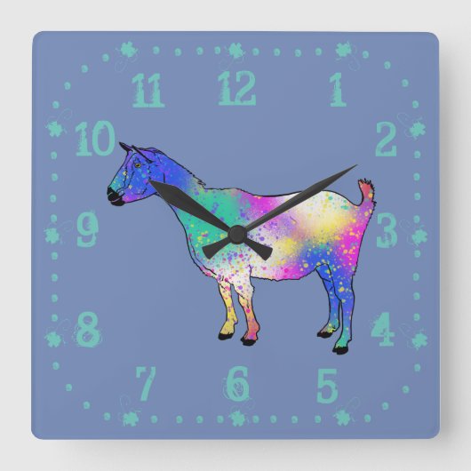Funky Goat Colorful Splatter Paint Quadratische Wanduhr (Vorderseite)