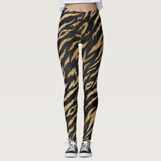 Funky Gold und Black trendy Tiger Stripes drucken Leggings (Vorderseite)