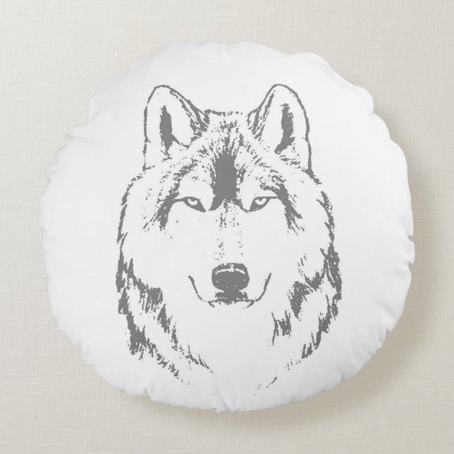 Funky Gray Wolf Face Head Sketch Rundes Kissen (Vorderseite)