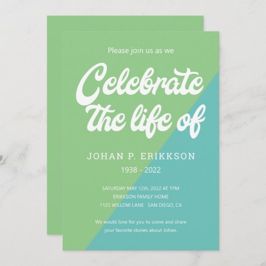 Funky Green Blue Retro Celebration of Life Einladung (Vorne/Hinten)