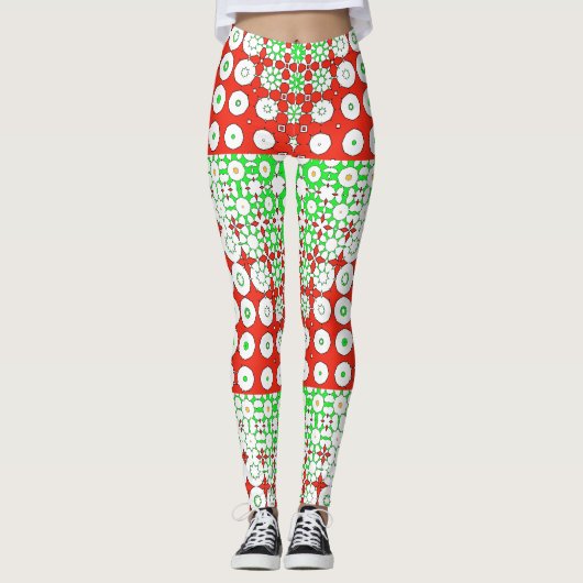 Funky Green, Red, Pattern, Blume, Leggings (Vorderseite)