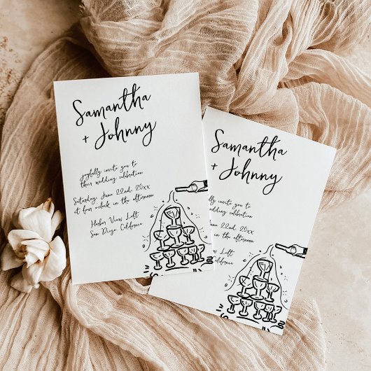 Funky Hand Drawn Champagne Tower Wedding Einladung