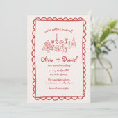 Funky Hand Drawn Red Handwriting Wedding Einladung (Stehend Vorderseite)