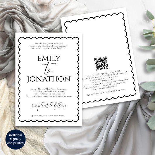 Funky Hand Drawn Wavy Line Border Wedding Einladung