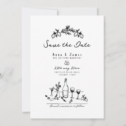 Funky Hand gezeichnet skurrile italienische Hochze Einladung (Vorderseite)