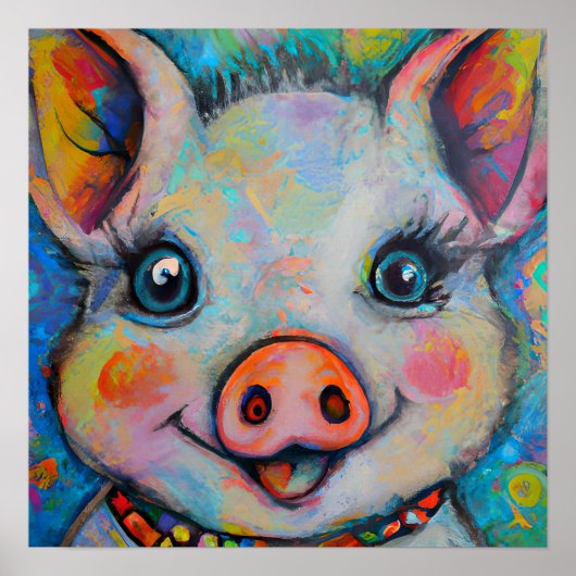 Funky Happy Piglet Farm Animal Portrait Art Poster (Vorne)