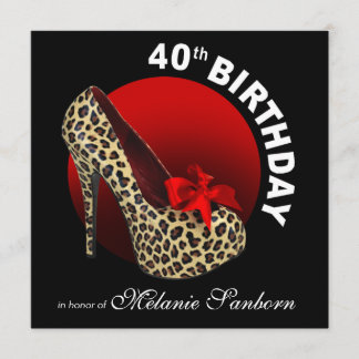Funky Leopard Stiletto 40. Geburtstag schwarz rot Einladung
