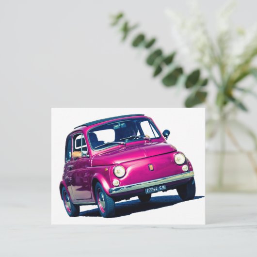 Funky Lila Fiat 500 Cinquecento in Italien Postkarte (Stehend Vorderseite)