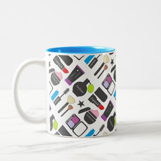 Funky Makeup Collage Pattern Zweifarbige Tasse (Links)