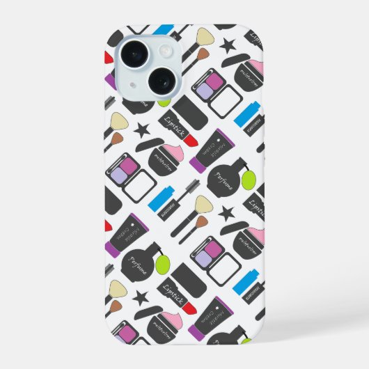 Funky Makeup Cosmetics Collage Pattern iPhone 15 Hülle (Rückseite)