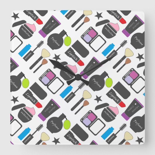 Funky Makeup Cosmetics Collage Pattern Quadratische Wanduhr (Vorderseite)