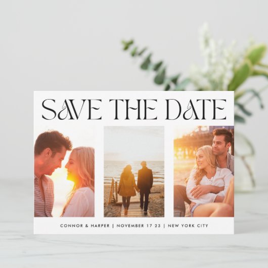FUNKY MODERN TEXT | Drei Fotos Save The Date (Stehend Vorderseite)