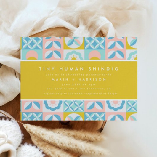 Funky Modern Yellow Tiny Human Shindig Baby Dusche Einladung