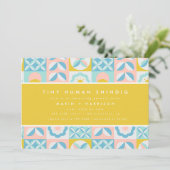 Funky Modern Yellow Tiny Human Shindig Baby Dusche Einladung (Stehend Vorderseite)