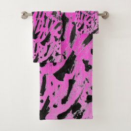Funky Neon Pink und Black Print Badhandtuch Set