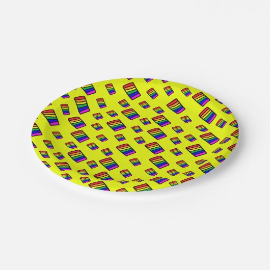 Funky Neon-Regenbogenblock-Muster Pappteller (Schrägansicht)