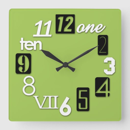 Funky Numbra Square Lime Green Wall Clocks Quadratische Wanduhr (Vorderseite)