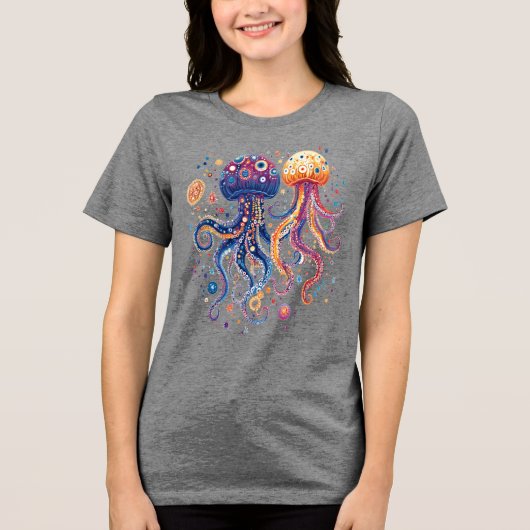 Funky Ocean Guardians: Custom Octopi & Jellyfish Tri-Blend Shirt (Vorderseite)