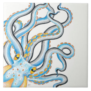 Funky Octopus Ink Blue Orange Fliese