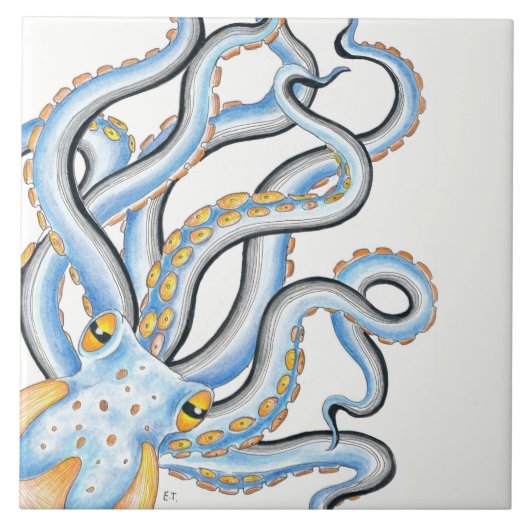 Funky Octopus Ink Blue Orange Fliese (Vorderseite)