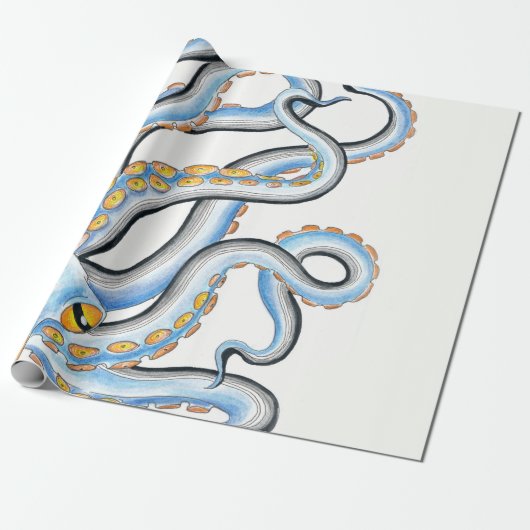 Funky Octopus Ink Blue Orange Geschenkpapier (Ungerollt)