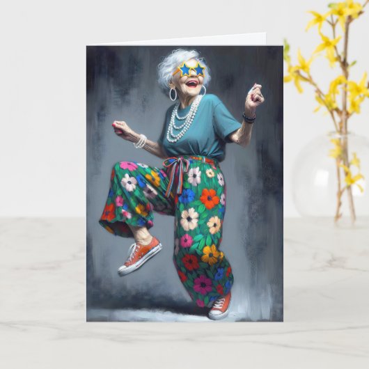 Funky Old Birthday Lady Dancing Karte (Gelbe Blume)