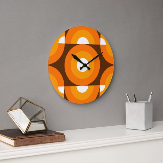 Funky Orange Braune Retro-Kreis-Kunstmuster Große Wanduhr (Büro)