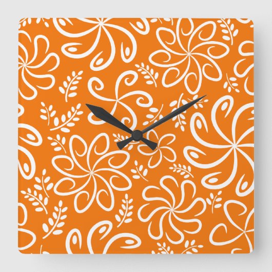 Funky orange flowers and leaves Wall Clock Quadratische Wanduhr (Vorderseite)