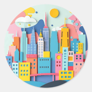 Funky Paper Collage Cityscape Runder Aufkleber