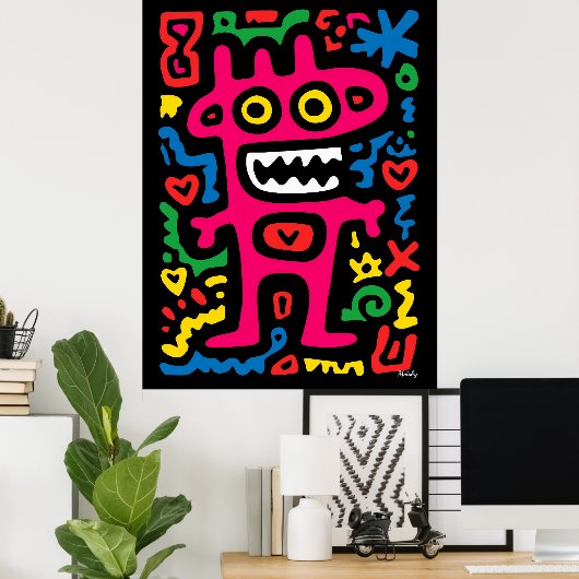 Funky Pink Alien - Neon Pop Art Quirky Monster Poster (Heimbüro)