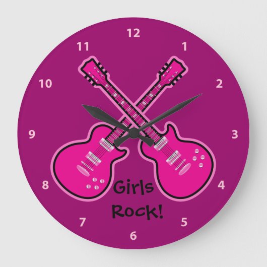 Funky Pink & Black Guitars Girls Rock Clock Große Wanduhr (Vorderseite)