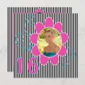 Funky Pink, Blau, Schwarz, Weißer Streifen Sweet 1 Einladung (Vorne/Hinten)