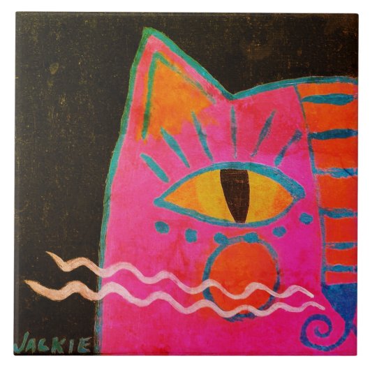 Funky Pink Cat Painting Fliese (Vorderseite)