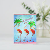 Funky Pink Flamingos Palm Trees Blue Sky Postkarte (Stehend Vorderseite)