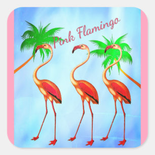 Funky Pink Flamingos Palm Trees Blue Sky Quadratischer Aufkleber