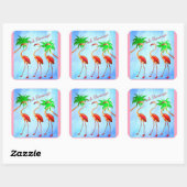 Funky Pink Flamingos Palm Trees Blue Sky Quadratischer Aufkleber (Blatt)