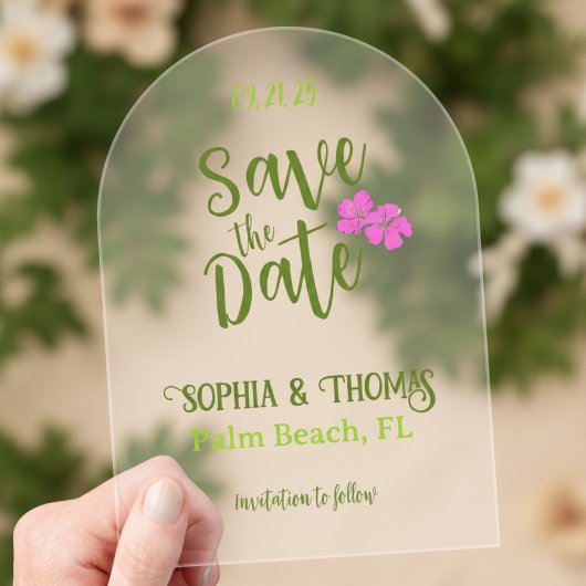 Funky Pink & Green Tropical Save the Date Arch Acryleinladungen