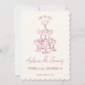 Funky Pink Hand gezeichnete Champagner Tower Weddi Save The Date (Vorderseite)