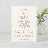 Funky Pink Hand gezeichnete Champagner Tower Weddi Save The Date (Stehend Vorderseite)