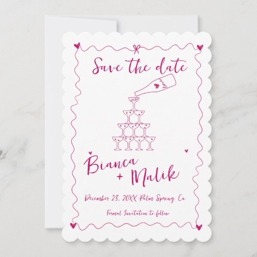 Funky Pink Handgeschriebener Champagnerturm Weddin Save The Date (Vorderseite)