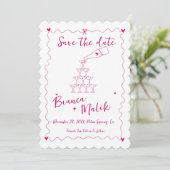Funky Pink Handgeschriebener Champagnerturm Weddin Save The Date (Stehend Vorderseite)