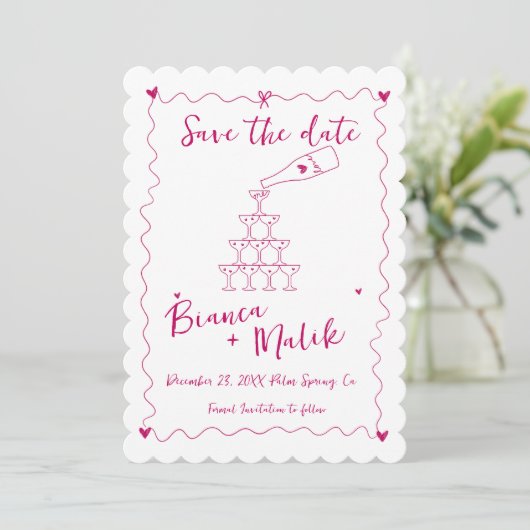 Funky Pink Handgeschriebener Champagnerturm Weddin Save The Date (Stehend Vorderseite)