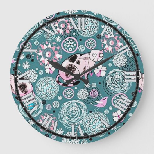 Funky Pink Kitty Cat Pattern Wall Clock Große Wanduhr (Vorderseite)