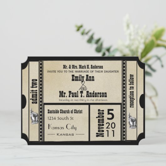 Funky Playbill Wedcket Style Einladung (Stehend Vorderseite)