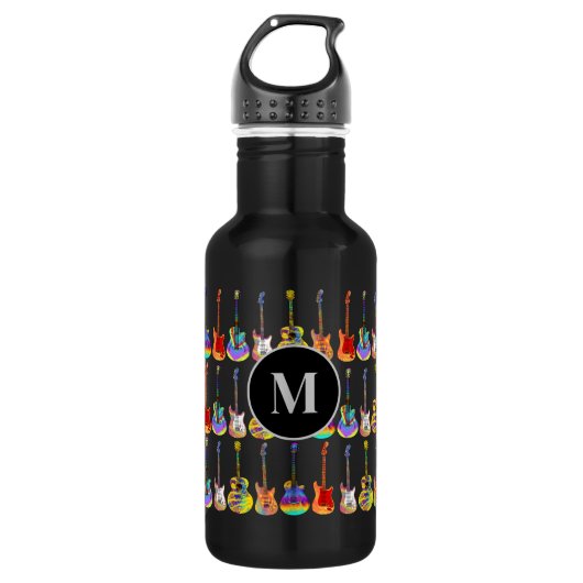 Funky psychedelic Gitarrenmuster Monogram Edelstahlflasche (Vorderseite)
