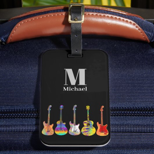 Funky psychedelische Gitarren-Monogramm Gepäckanhänger (Vorderseite Insitu 2)
